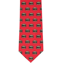 Load image into Gallery viewer, Front view of a red tie with a cheeseburger novelty pattern