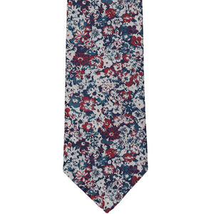 Front view of a burgundy and loch blue floral tie