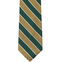 Load image into Gallery viewer, Front bottom view of a green and gold striped tie