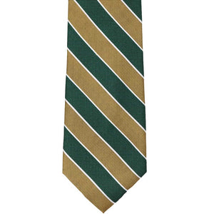 Front bottom view of a green and gold striped tie