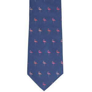 Navy blue necktie with small pink flamingo pattern