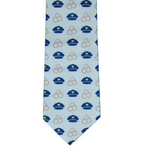 Front view blue police necktie with cap and handcuffs