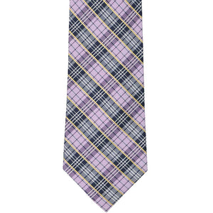 Front view of a purple, navy and gold plaid necktie