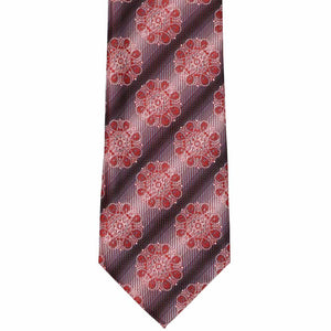 Front view of a red medallion pattern tie with black gradient stripes