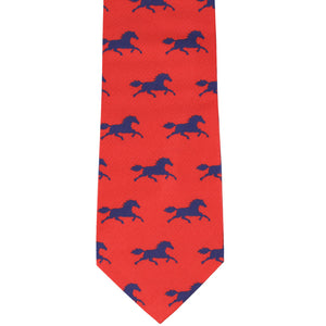 Front view blue galloping horse on a red necktie