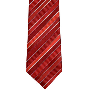 Flat front view of a red and silver striped tie