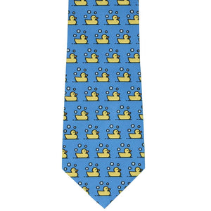 Front view of a yellow rubber ducky tie on a blue background