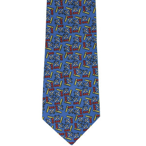 Blue school themed tie with a ruler, scissors and crayon, front view
