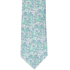 Front bottom view of a seafoam and blue subtle floral pattern tie