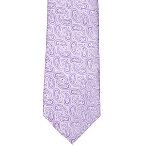 Flat front view of a light purple paisley tie