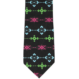 Black novelty tie with a bright tribal print
