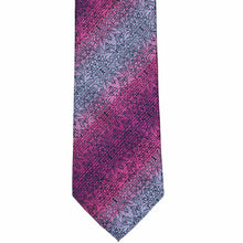 Load image into Gallery viewer, The front bottom view of a fuchsia and pale blue striped floral tie