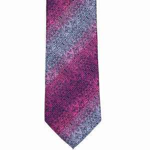 The front bottom view of a fuchsia and pale blue striped floral tie