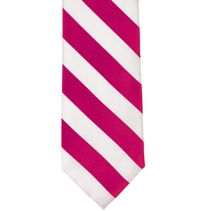 Front view of a fuchsia and white striped tie