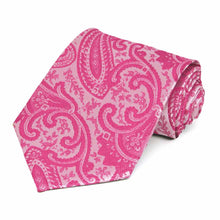 Load image into Gallery viewer, Bright fuchsia paisley extra long necktie, rolled to show pattern up close