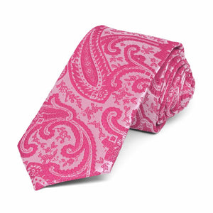 Bright fuchsia paisley slim necktie, rolled to show off pattern