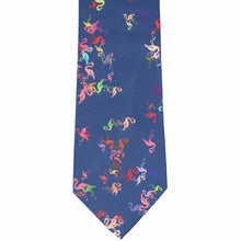 Load image into Gallery viewer, Front view dark blue tie with colorful scattered flamingos