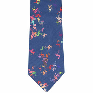 Front view dark blue tie with colorful scattered flamingos