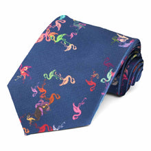 Load image into Gallery viewer, Funky colorful flamingos on a dark blue tie