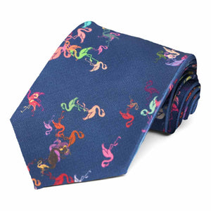 Funky colorful flamingos on a dark blue tie