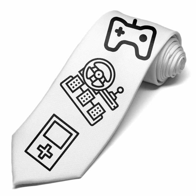 Video game coloring icons on a white tie.