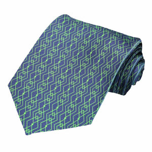 A neon green geometric pattern on a dark blue tie