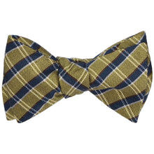 Load image into Gallery viewer, A tied self-tie bow tie in a gold and navy plaid
