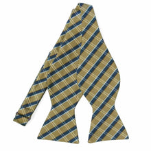 Load image into Gallery viewer, An untied gold and navy blue plaid self-tie bow tie