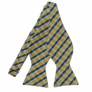An untied gold and navy blue plaid self-tie bow tie