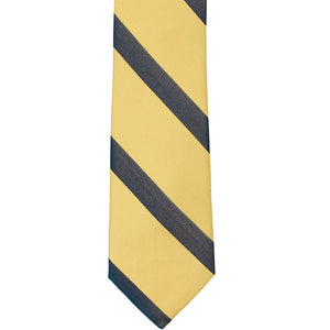 A gold slim tie with navy ribbed stripes