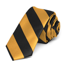 Load image into Gallery viewer, Black and Gold Bar Striped Skinny Tie, 2&quot; Width