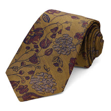 Load image into Gallery viewer, An old gold floral necktie, rolled to show the pattern up close