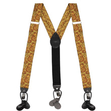 Load image into Gallery viewer, Antique gold paisley suspenders, laid out into an M shape