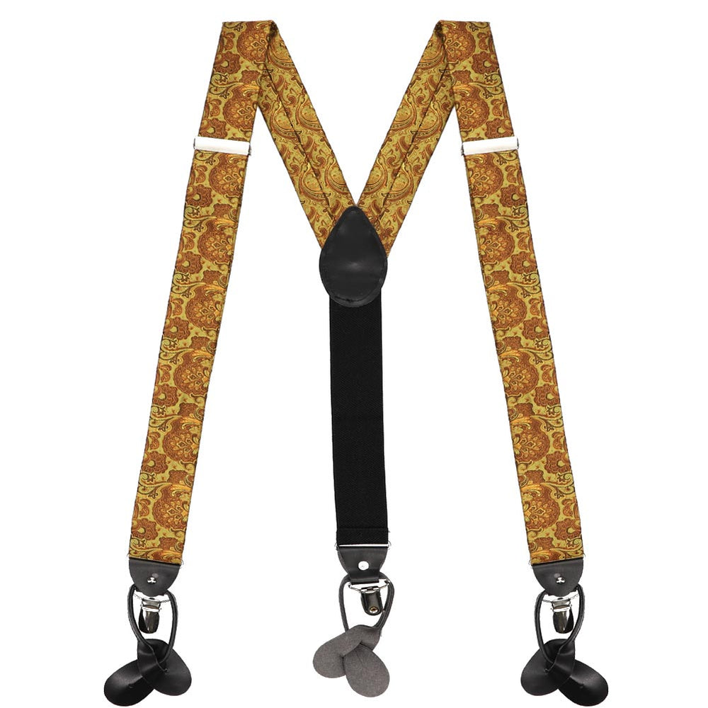 Antique gold paisley suspenders, laid out into an M shape
