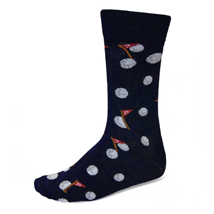 Men's golf theme sock in navy blue, white and red