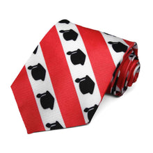 Load image into Gallery viewer, White and red striped tie with graduation cap design