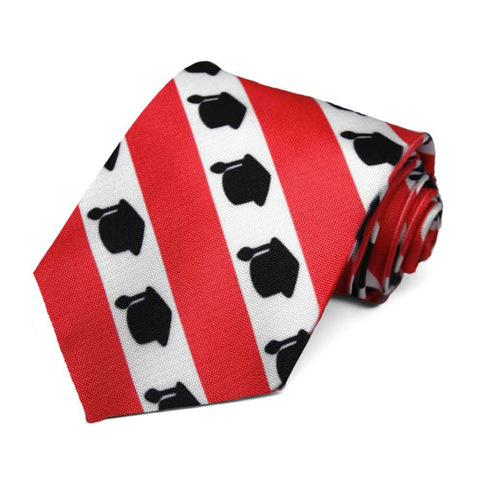 White and red striped tie with graduation cap design