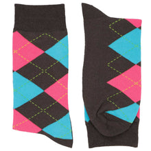Load image into Gallery viewer, Pair of colorful turquoise, fuchsia and graphite gray argyle dress socks