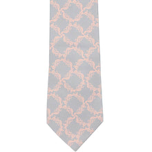 Load image into Gallery viewer, The front view of a gray tie with a light pink filigree pattern