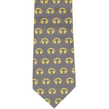 Load image into Gallery viewer, Front view gray necktie with yellow headphone pattern