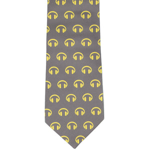 Front view gray necktie with yellow headphone pattern