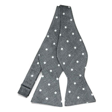 Load image into Gallery viewer, An untied gray self-tie bow tie with white dots