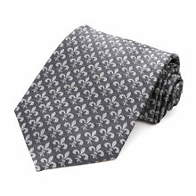 Load image into Gallery viewer, Gray on gray fleur-de-lis tie, rolled to show the woven texture