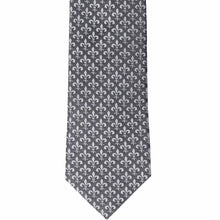 Load image into Gallery viewer, The front of a gray tie with a fleur de lis pattern