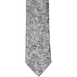 The front, flat view of an all gray floral tie