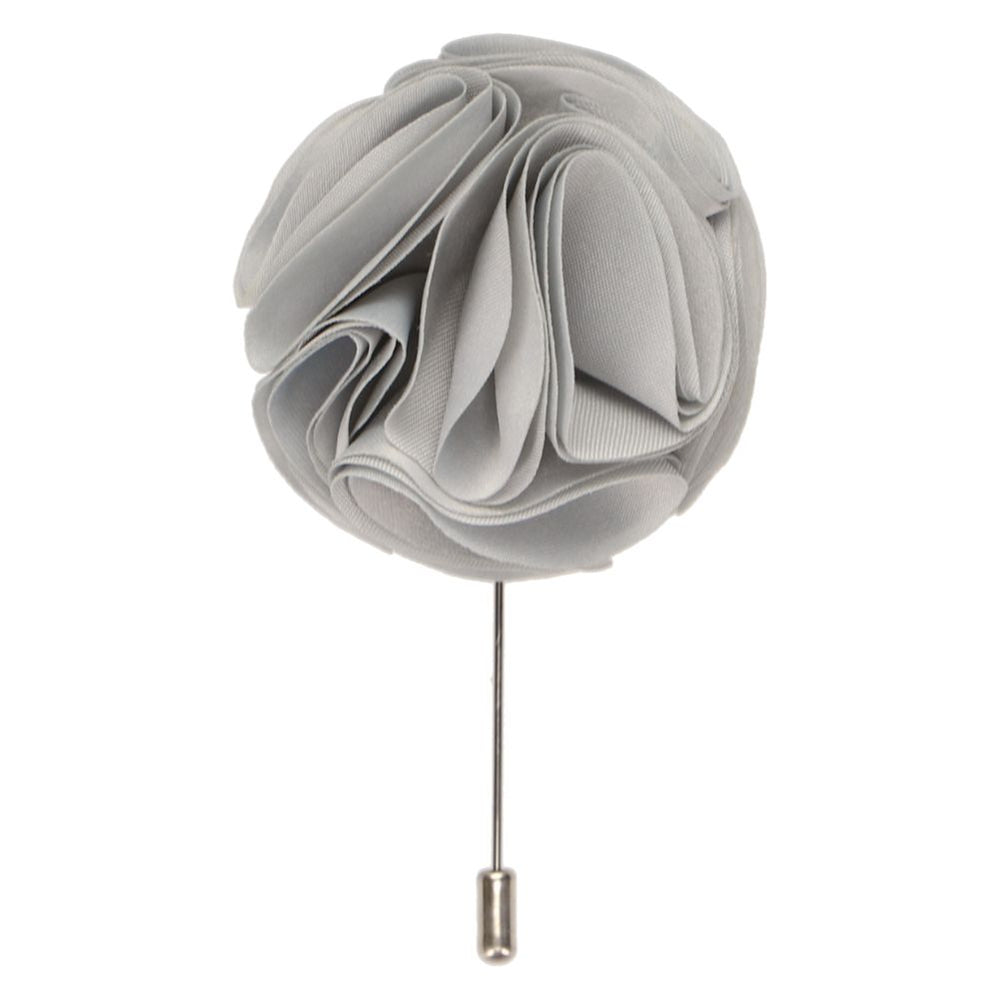 A gray flower lapel pin with a silver tone pin
