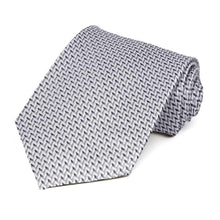 Load image into Gallery viewer, A tone on tone gray herringbone necktie rolled to show off pattern