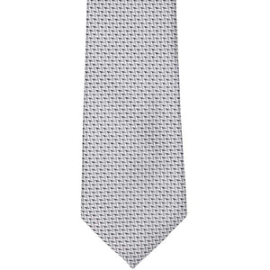 The front view of a gray tie with a small tone on tone herringbone pattern