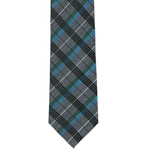 Dark gray plaid tie with jewel tone colors, front view
