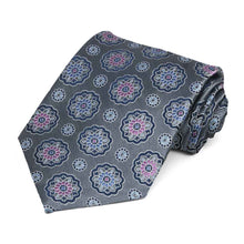 Load image into Gallery viewer, Gray necktie with blue and violet medallion pattern